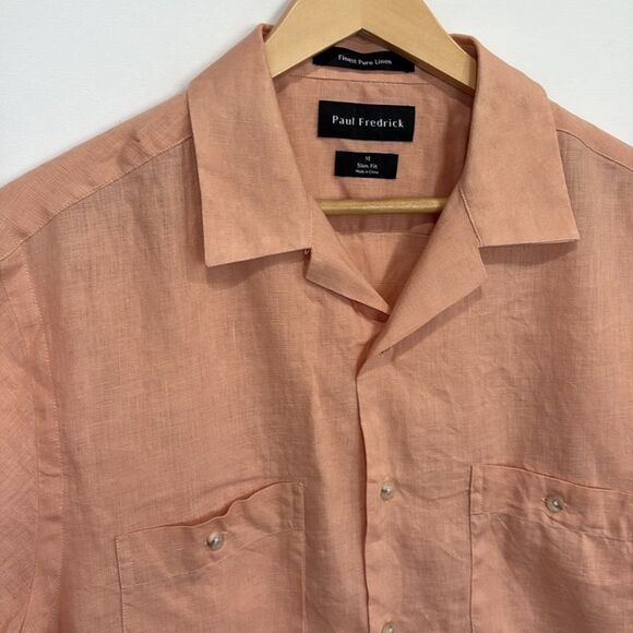 Paul Fredrick 100% Linen Camp Shirt Mens Size M Short Sleeve Button Down Peach - Picture 3 of 8